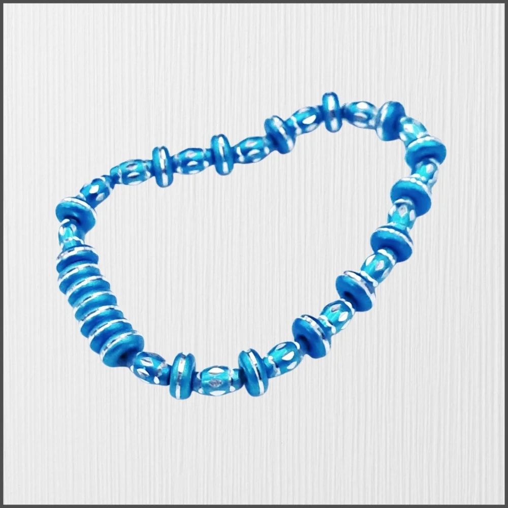 Teal Blue and Silver Beaded Stretch Bracelet | Mixed Disc & Faceted Beads